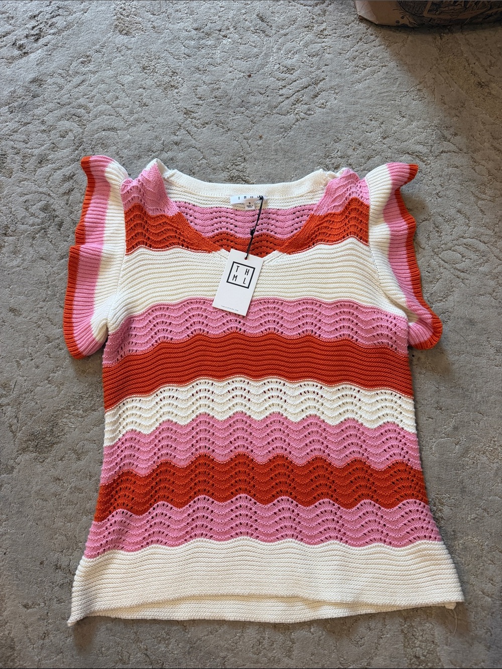 THML Pink, Red & White Striped Wave-Knit Flutter Sleeve Top